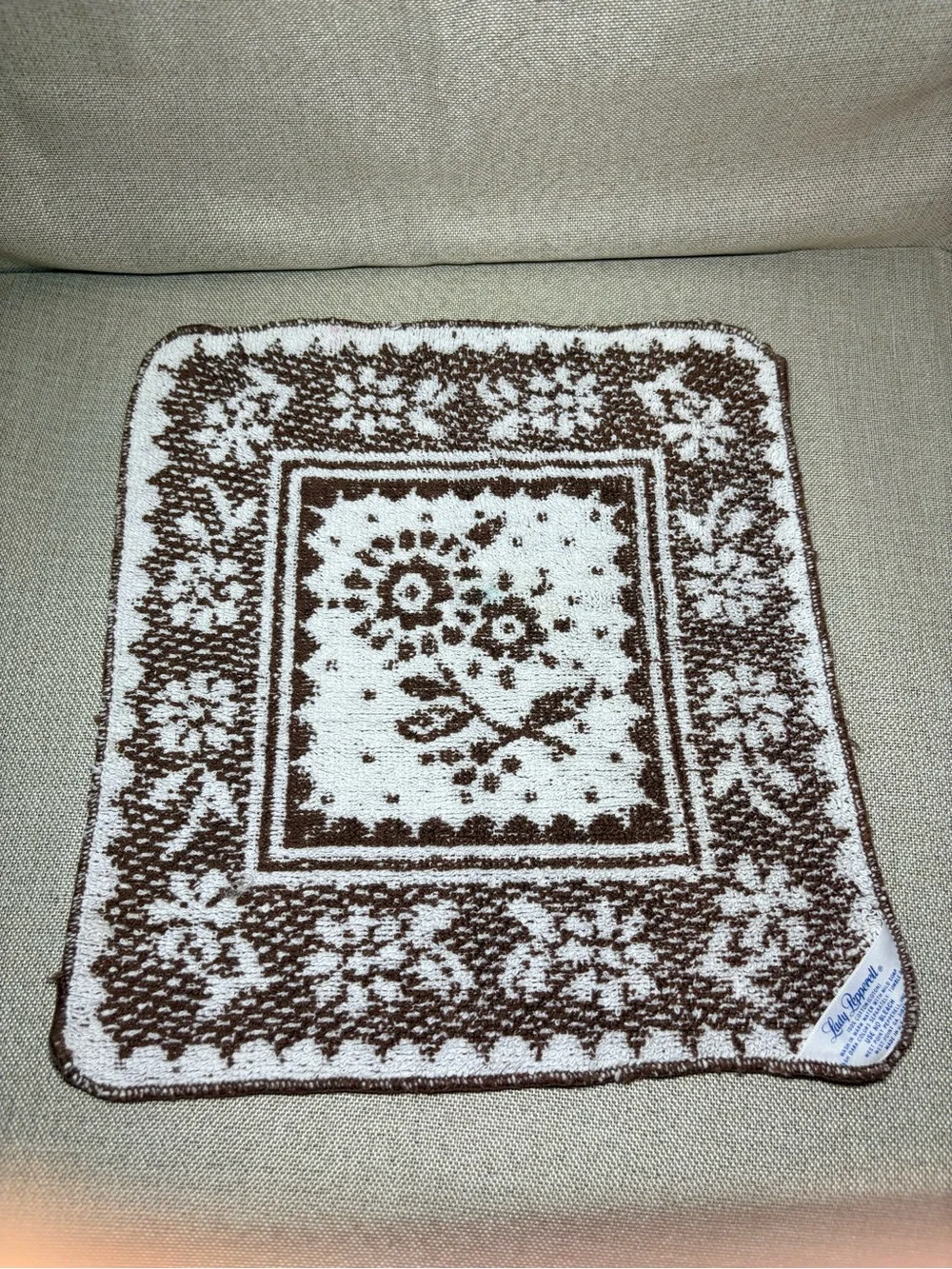 Vintage Lady Pepperell Floral Terry Cloth Washcloth Brown White US Made